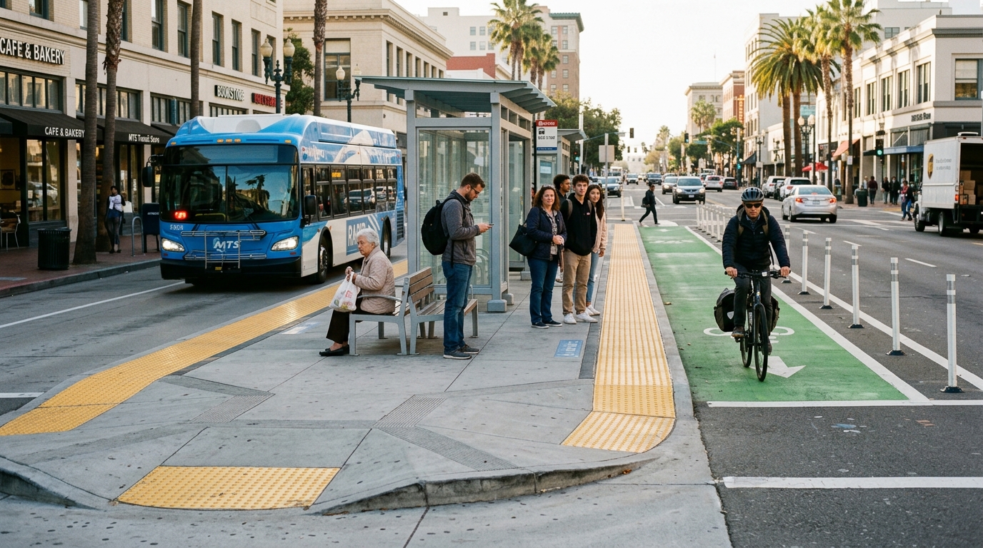 Bus boarding platform beside the planned University Avenue bikeway