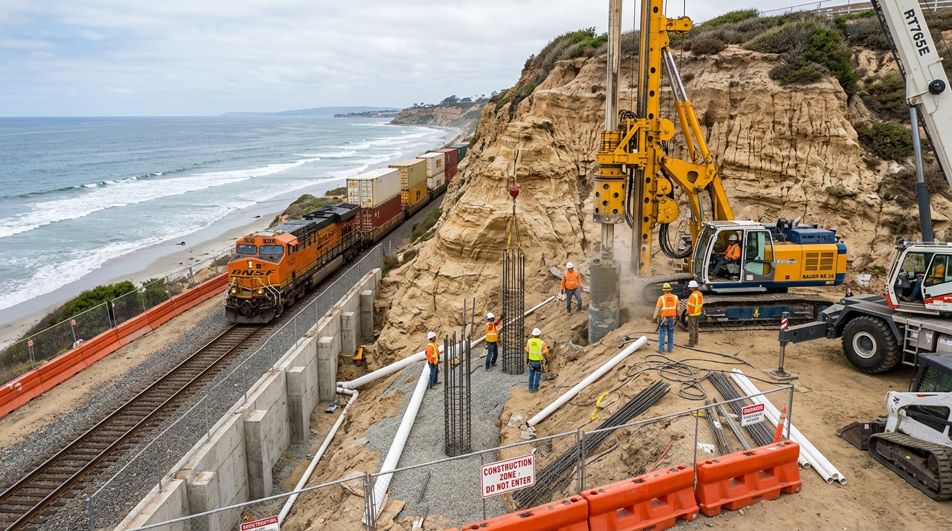 Crews installing support and drainage improvements on the Del Mar bluffs