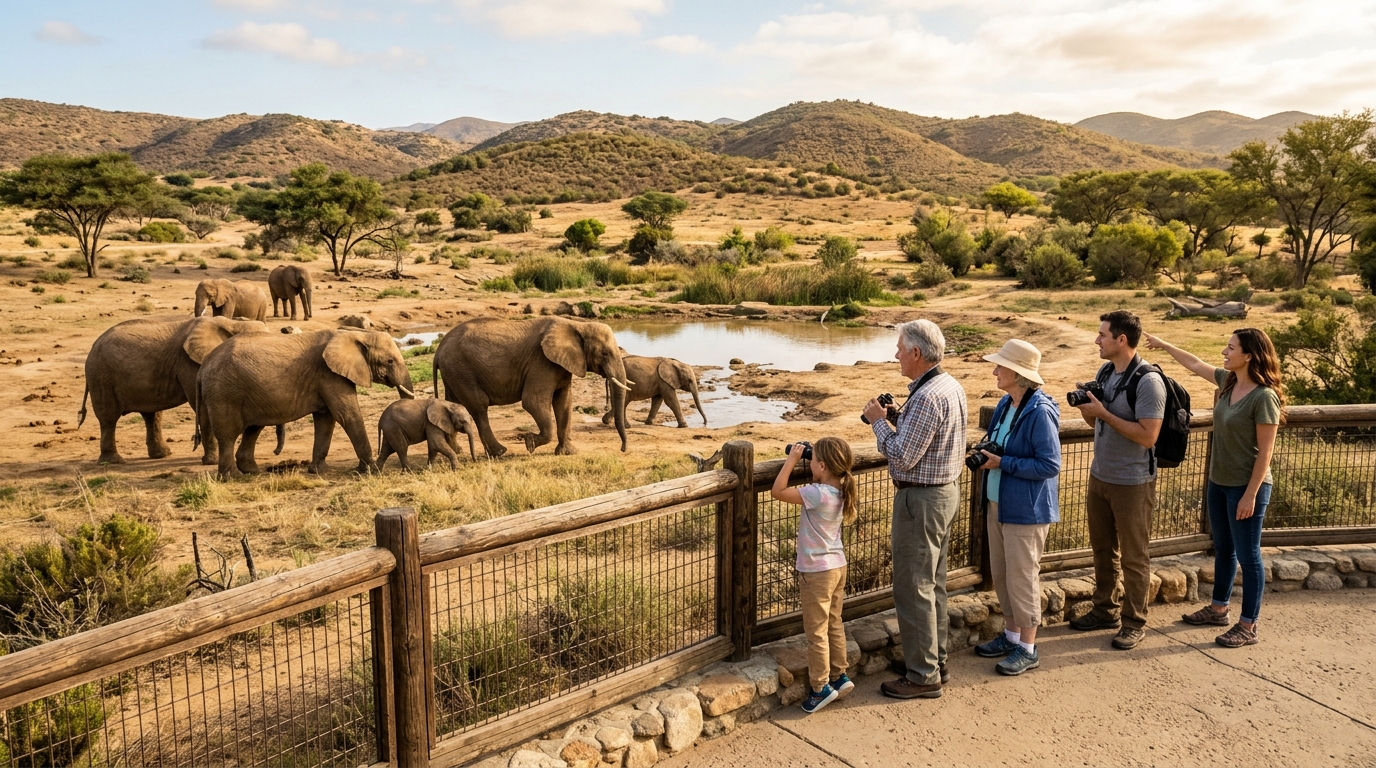 Family observing African elephants in the new Elephant Valley habitat