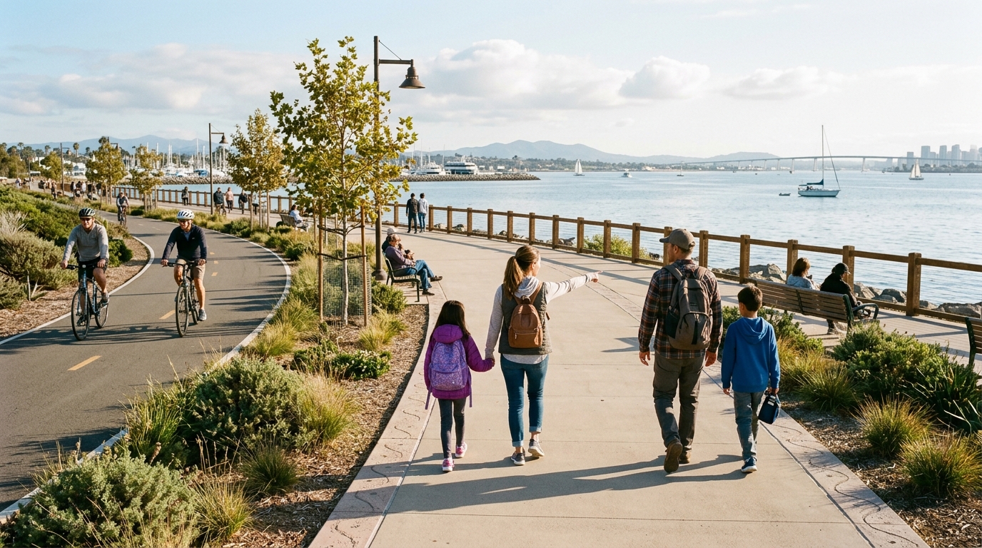 Family walking on an accessible path at the Chula Vista Bayfront