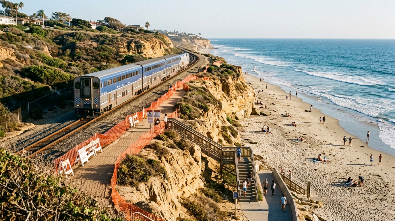 Passenger train traveling above a legal Del Mar beach access route