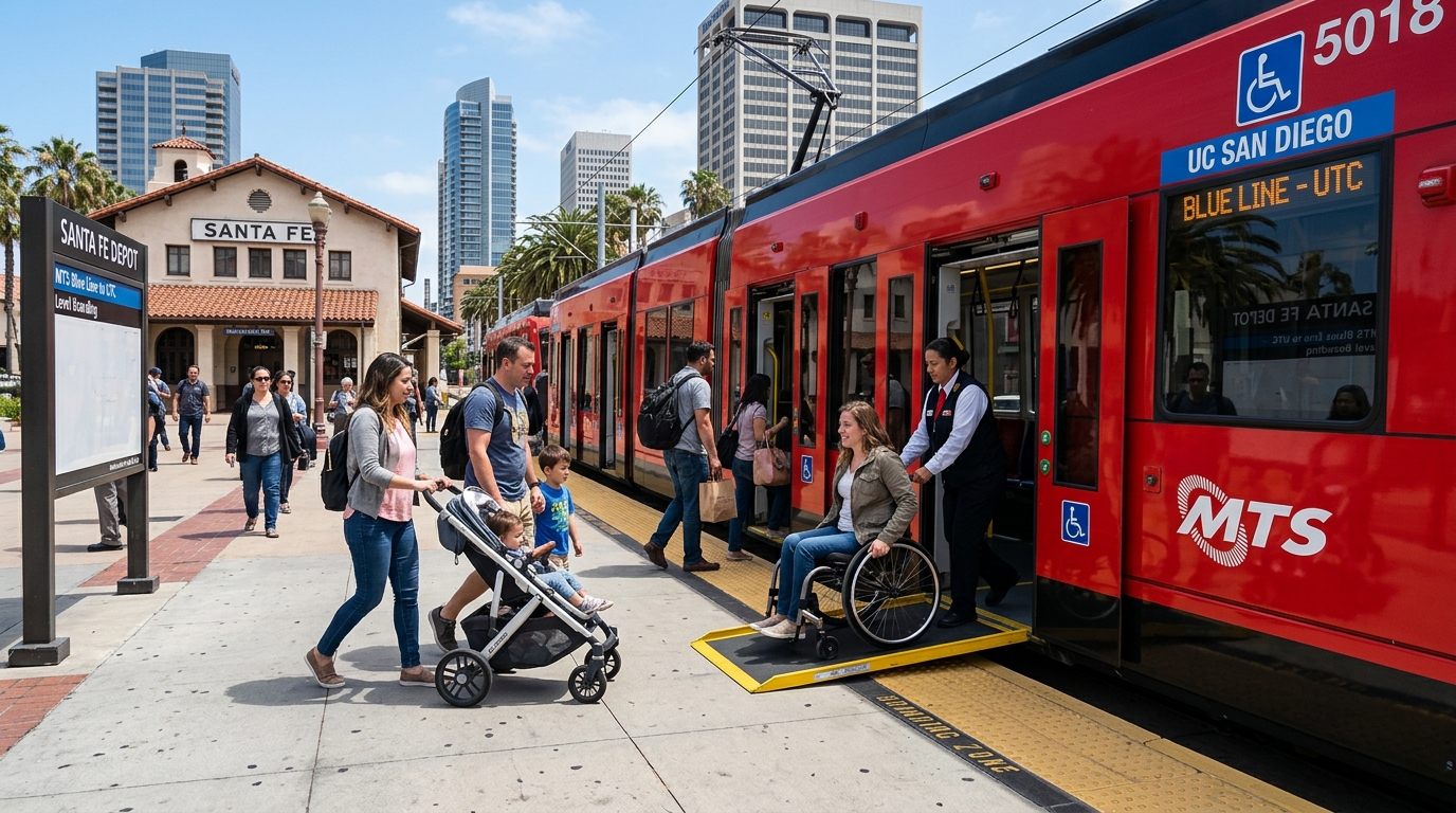 Passengers boarding an accessible San Diego Trolley