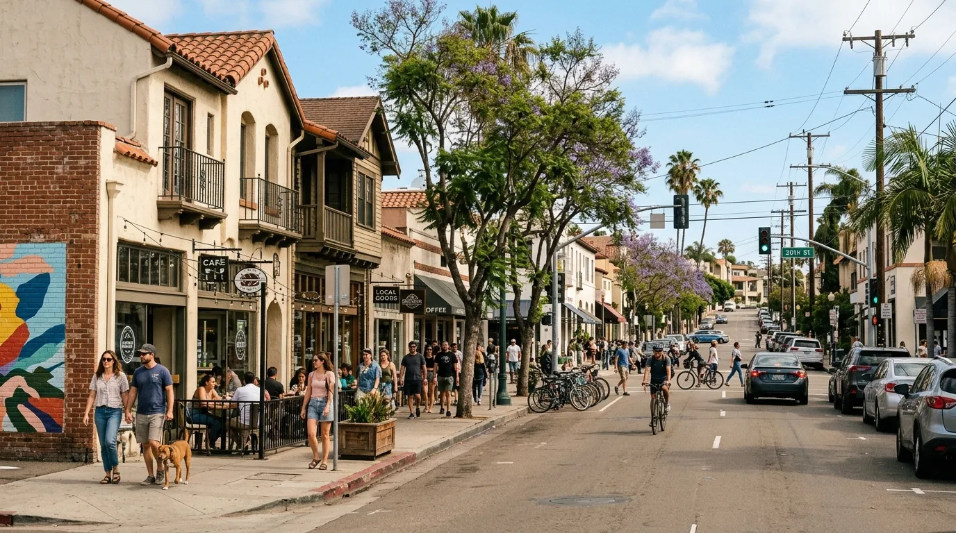 Pedestrians exploring a San Diego urban neighborhood