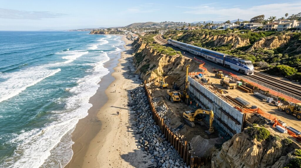 Railroad stabilization work along the Del Mar coastal bluffs