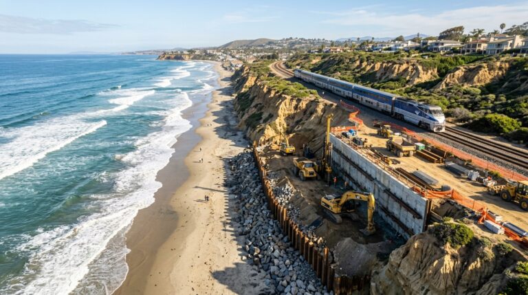 Railroad stabilization work along the Del Mar coastal bluffs