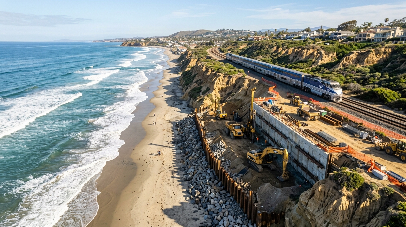 Railroad stabilization work along the Del Mar coastal bluffs