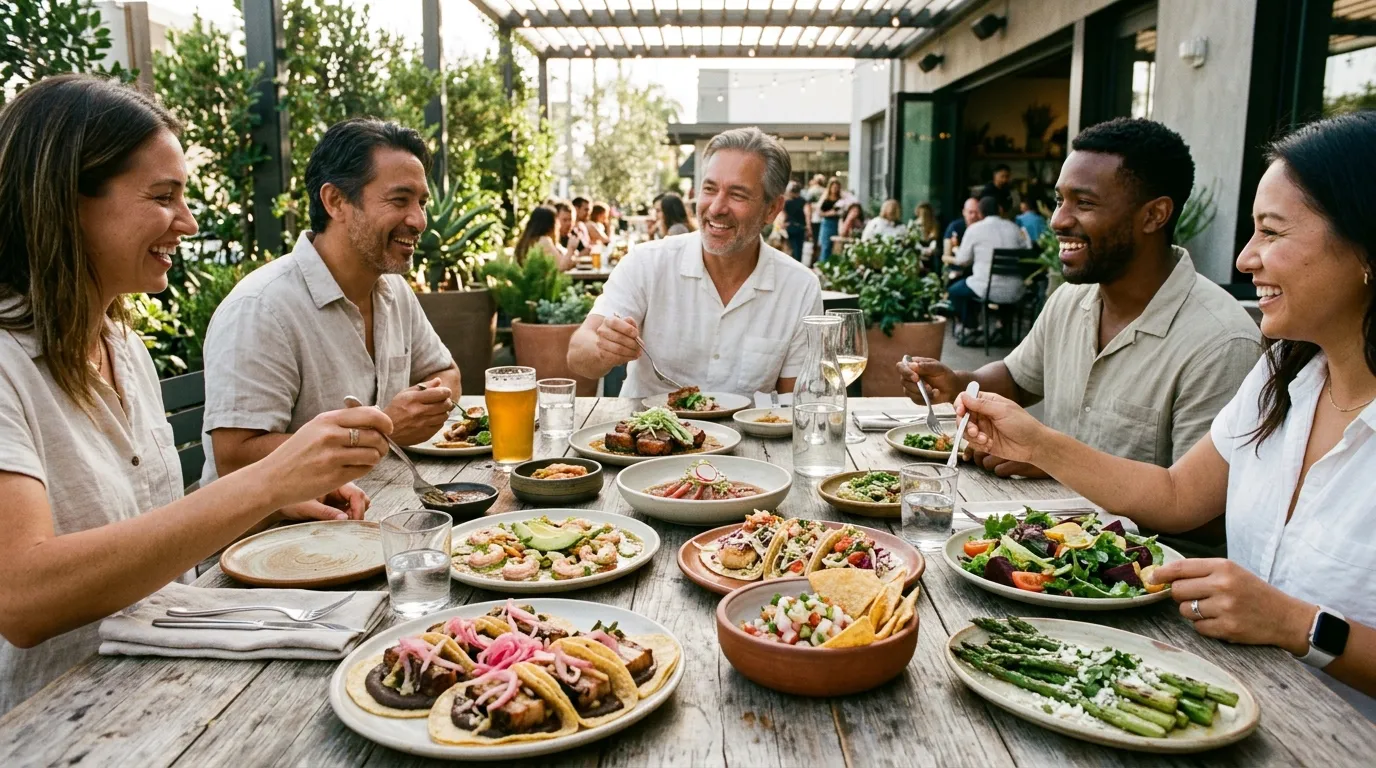 Shared table featuring diverse San Diego County food