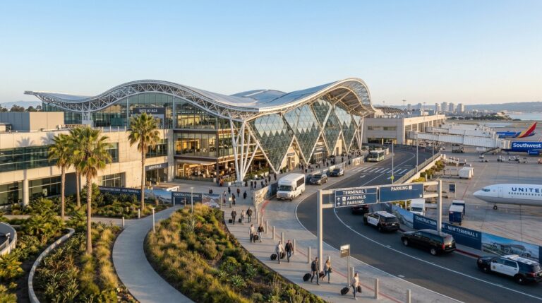 Travelers arriving outside San Diego International Airport New Terminal 1