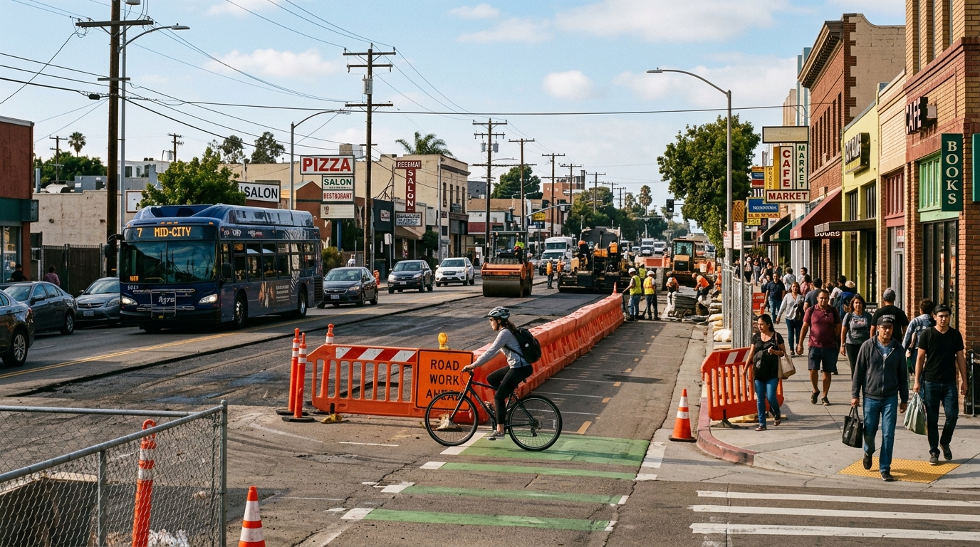 University Bikeway construction along University Avenue in San Diego