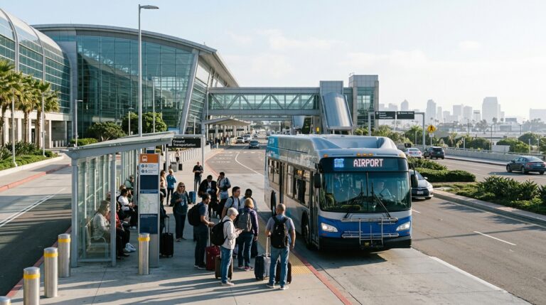 San Diego airport transit 2026 with frequent bus service between Downtown and the airport